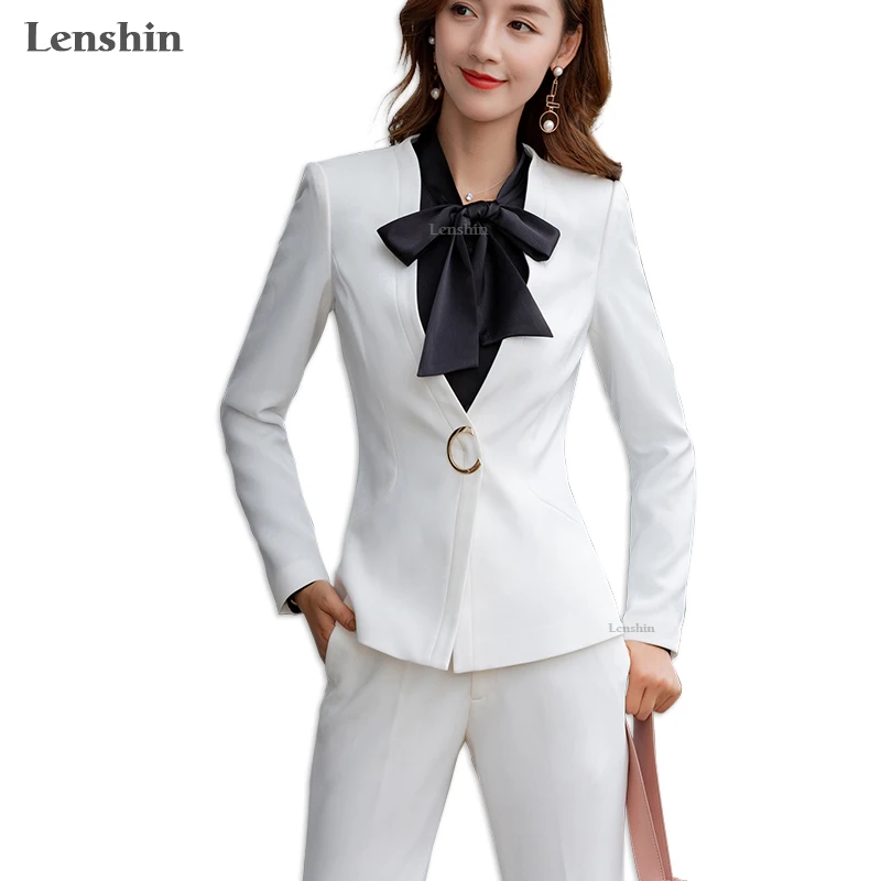 

Lenshin 2 Pieces Set Formal Pant Suit for Women Work Wear Office Lady Uniform Style Business Jacket with Wide Leg Pants