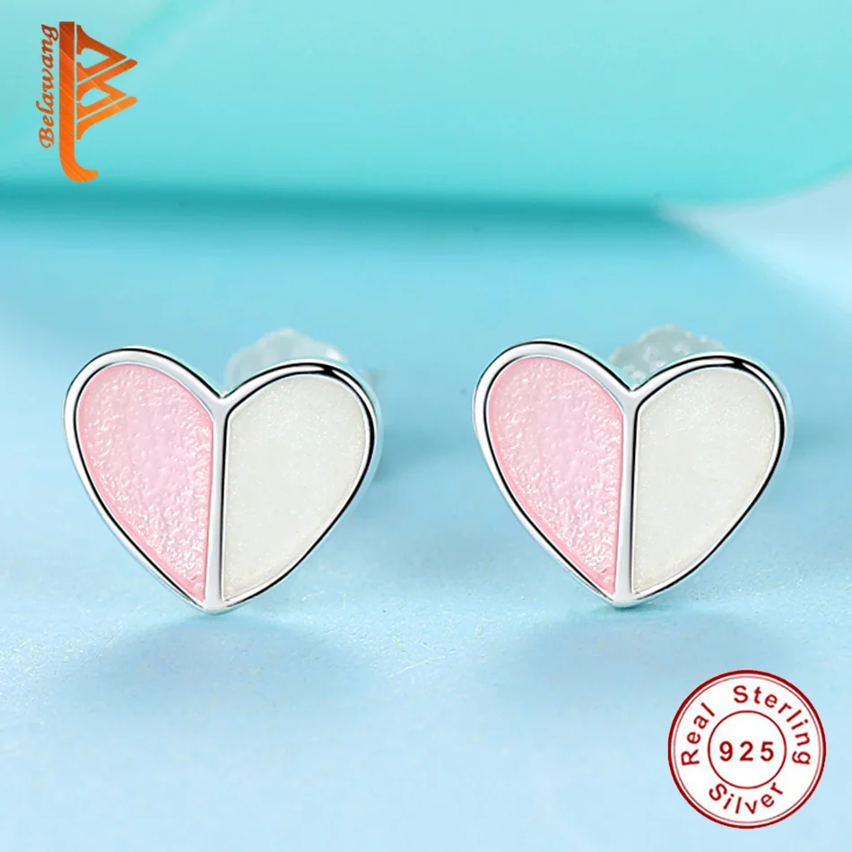

BELAWANG 925 Sterling Silver Stud Earrings Sweet Love Heart Earrings For Women Fashion Jewelry Pink Enamel Small Earrings Gift