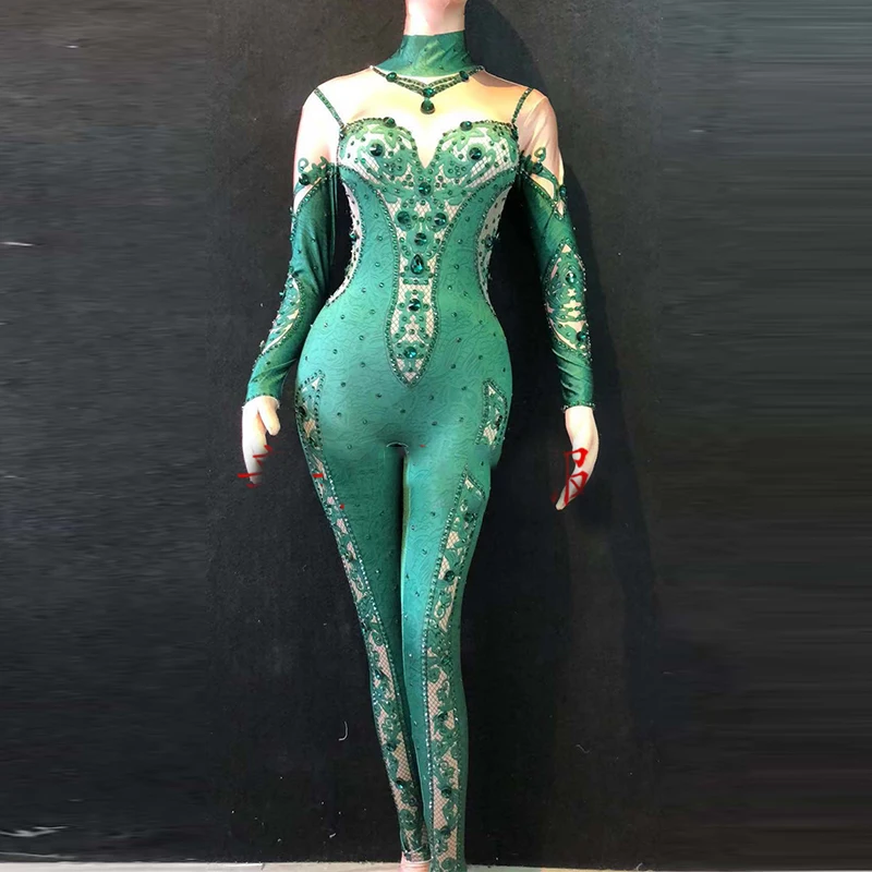 

Sexy Green Rhinestones Printing Jumpsuit Women DJ Bar Performance Dance Wear DS Female Singer MV Rhinestone Bodysuit DWY1380