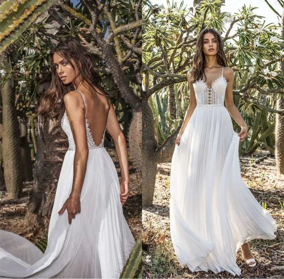 Пикантные тонкие бретельки пляжное длинное шифоновое платье Boho свадебный наряд свадебные платья в богемном стиле платье для невесты без спинки свадебное платье Vestido De Noiva