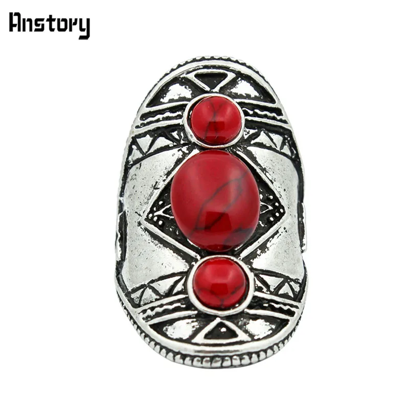 Винтаж три красных Камни кольцо для Для женщин Античная Посеребренная Модные