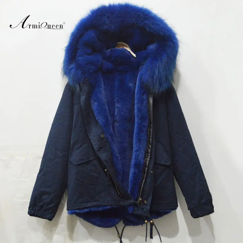 

Dark Blue Short winter style long sleeve big raccoon fur collar fur parka man