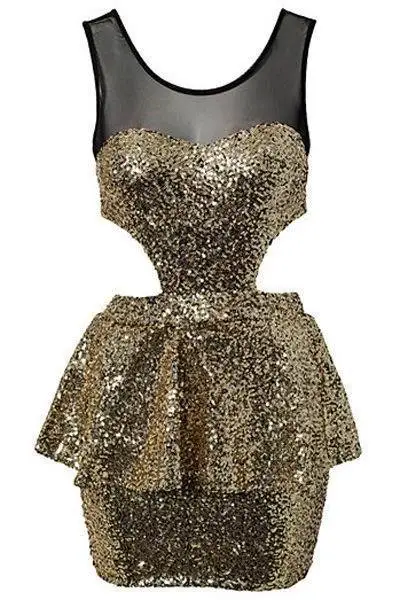 Silver/ Golden Clinquant Mesh Cutout Peplum Dress LC21094 new 2014 sexy women summer dress | Женская одежда