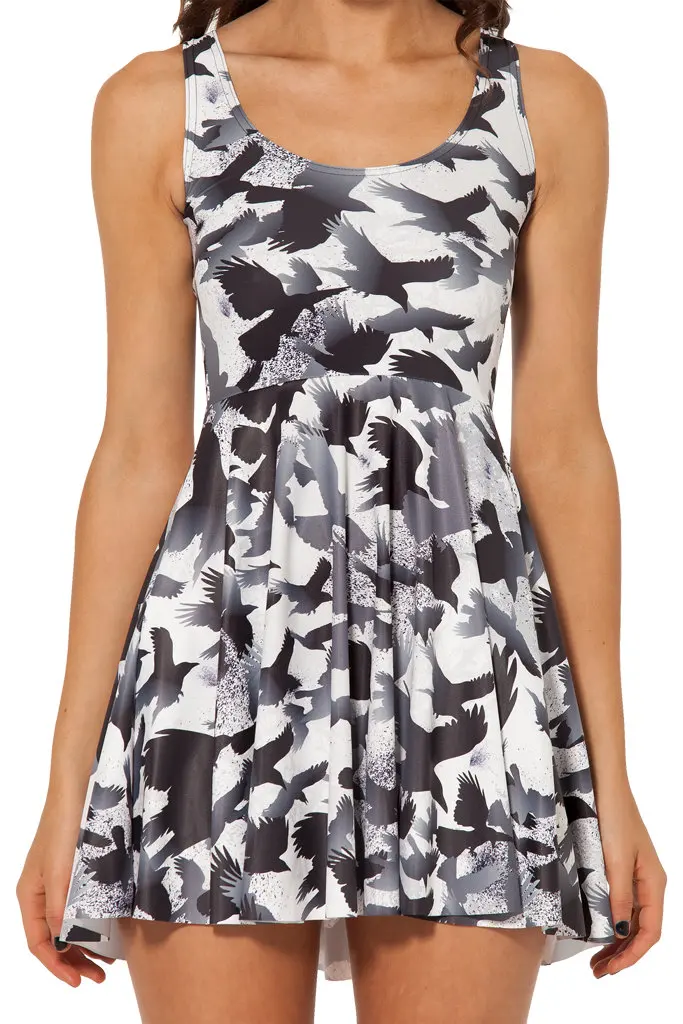 2017 New fashion Summer O-Neck Women Pleated Casual 3D PrintBlack and white bird pattern short dress women dresses free shipping | Женская