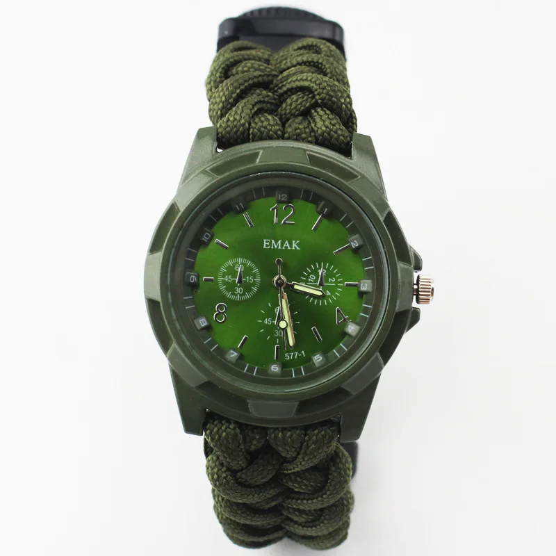 Green without box Многофункциональные часы для отдыха на природе, часы для выживания, компас, термометр, спасательная веревка, Паракорд, браслет, оборудование, набор инструментов - Цвет: Green without box