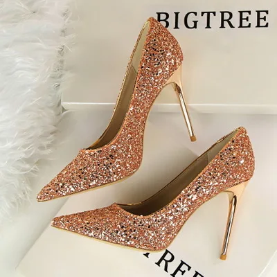 Для женщин Насосы Мода Обувь на высоком каблуке Свадебные Bling Женская обувь на высоком каблуке блестящие женские туфли-лодочки женская обувь красный золото серебро стилет - Цвет: Хаки