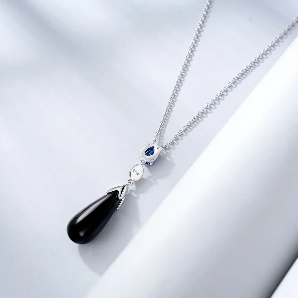 E Jewelry 925 Стерлинговое серебро подвеска в форме капель воды Black ожерелья с агатом