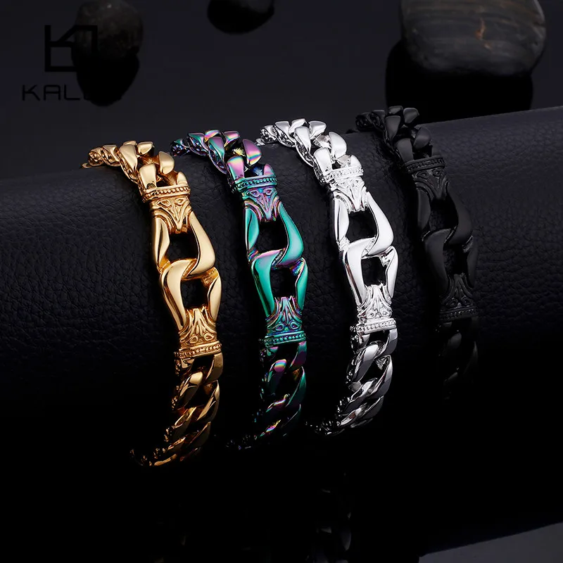 Stainless Steel 4 Colors Handcuff Charm Bracelets For Men 22.5cm Gold Linking Chain Punk Wrap Bracelet Jewelry | Украшения и