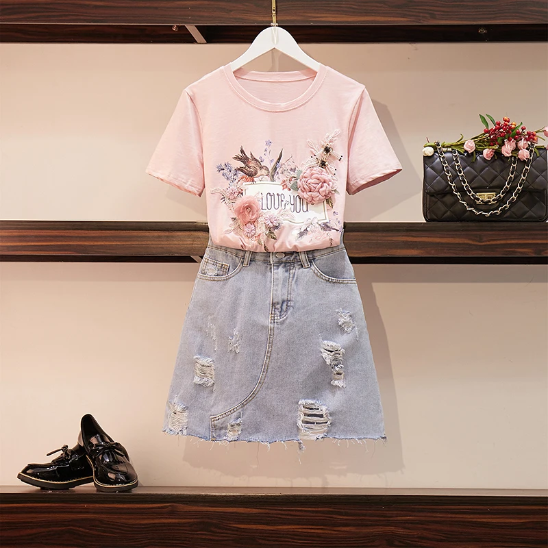 HAMALIEL Women T shirt Skirts Suit Summer 3D Floral Birds Embroidery Sequined T-shirt + Denim Hole Tassel A-Line Clothing Set | Женская
