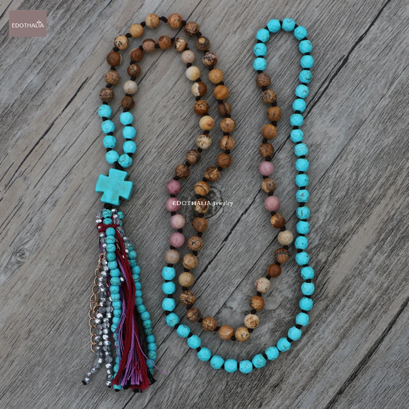 

EDOTHALIA Metal Chain Tassels Long Cross Necklaces For Women Female Gift Natural Stone Handwoven Knotted Beads Necklace