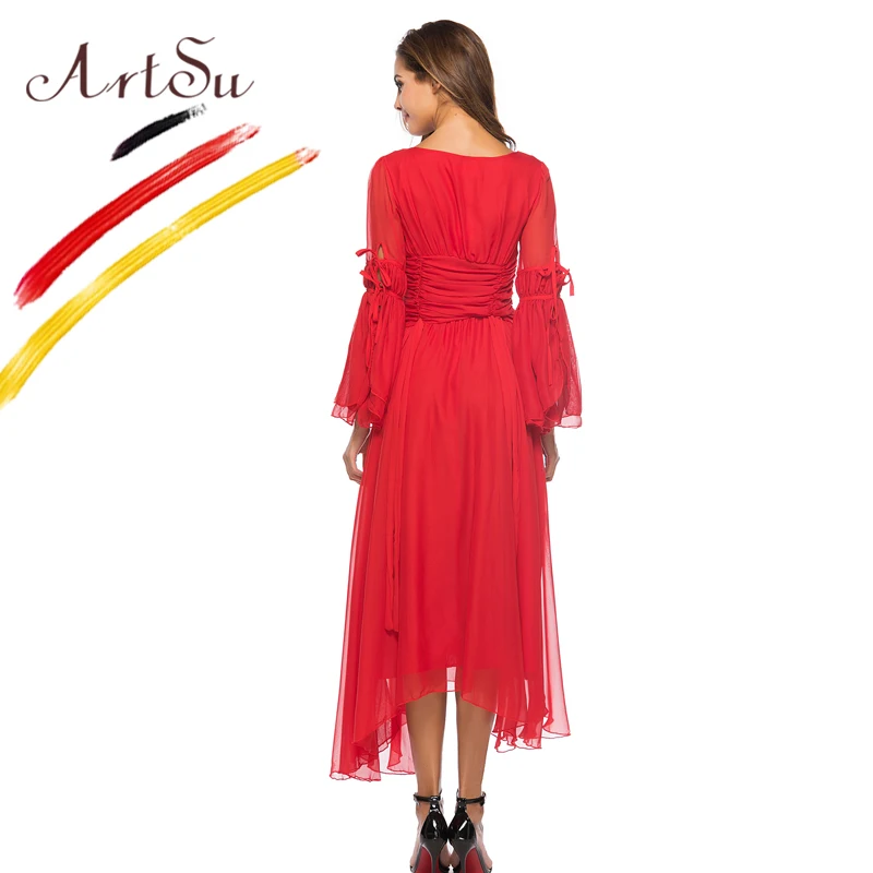 

ArtSu 2018 Elegant Women Party Dress Lace Up Lantern Sleeve Chiffon Swing Dress Female Slim Red Maxi Dress Sweet Long Boho Robe