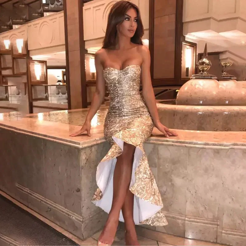 

Высококачественное Золотое Кружевное платье-Русалка без бретелек D088