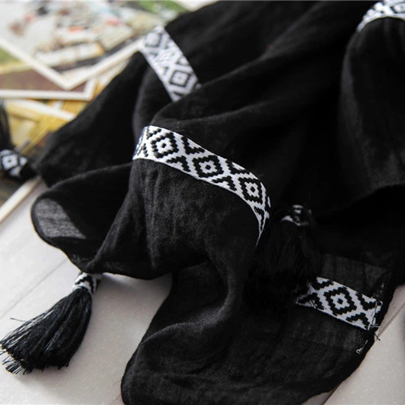 Solid Color Women Hijab Scarves for Ethnic Cotton Tassels Wrap Sunscreen Travel Long Shawl [1902] |