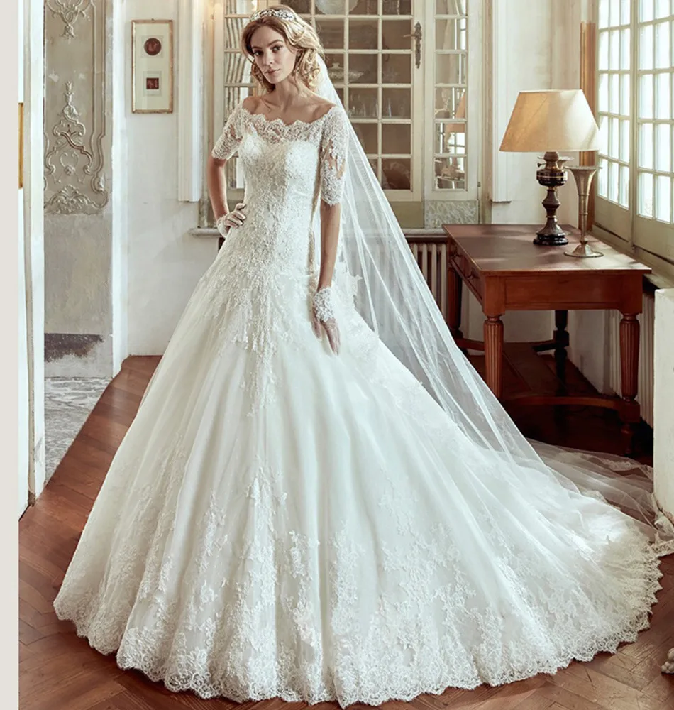 Vestido Де Casamento Кружева Свадебные Платья С Половину Рукава 2017 Бальное платье Белый