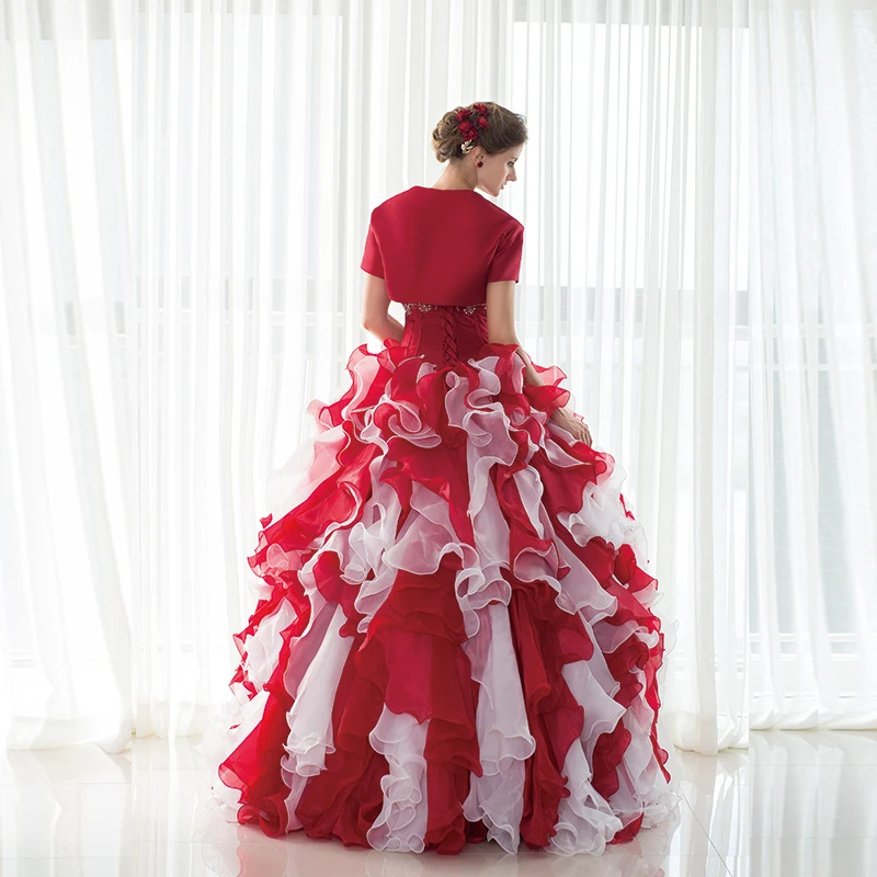 Дешевые бордовые платья Quinceanera бальное платье милое с жакетом из органзы
