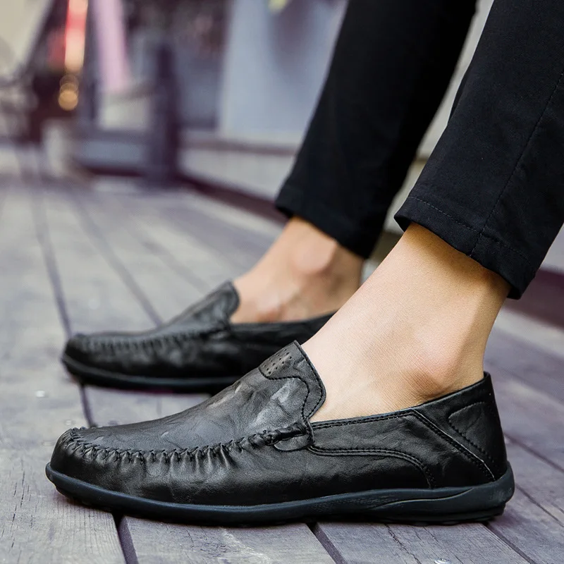 Men's Casual Leather Shoes Loafers Boat Slip On High Quality Fashion Outdoor Sneakers Soft Bottom Flats Plus Size | Обувь