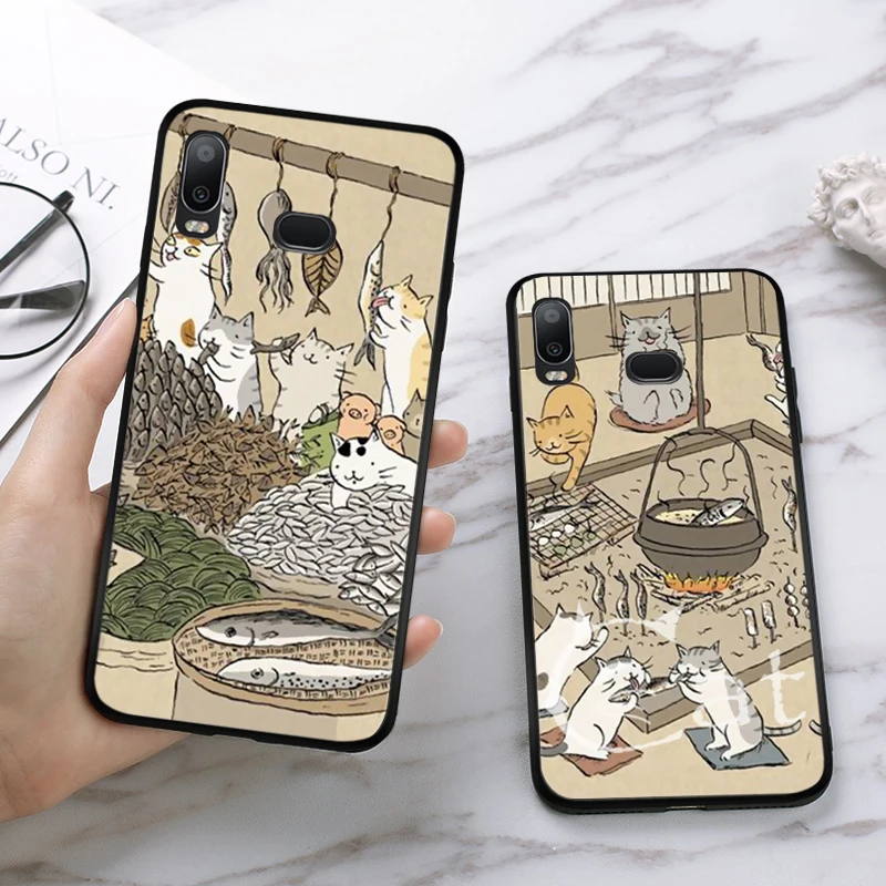 Японский кот напиток узор кожаный силиконовый чехол для Samsung A2 Core A3 A5 A6 плюс A7 A8 A9