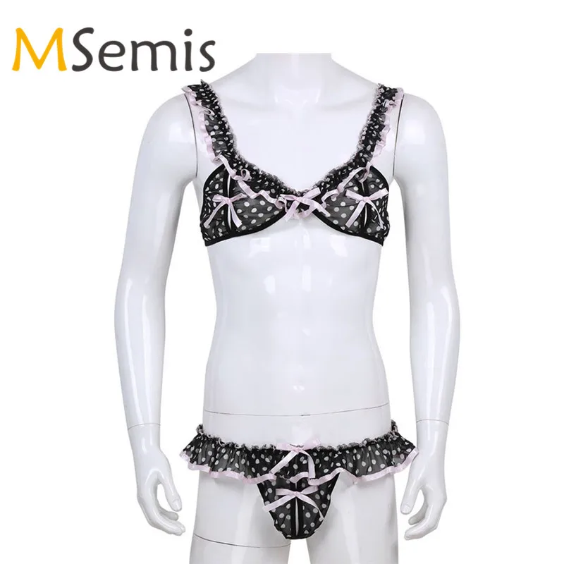 

2Pcs Mens Bra Sissy Bra Top with Male Underwear Sexy Bra Soft Chiffon Elastic Frilly Ruffled Spots Set Crotchless Gay Panties