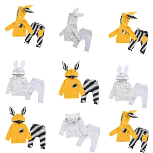 2018 Autumn 2pcs Newborn Infant Baby Boy Girl Casual Clothes Cartoon Bunny 3D Ear Long Sleeve Hoodie Tops+Pants Outfit Set | Детская