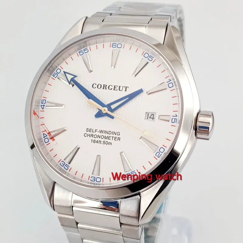 White dial Часы Corgeut 41 мм Saphirglas Blau dial Datum Automatisch Herren W2861 - Цвет: White dial