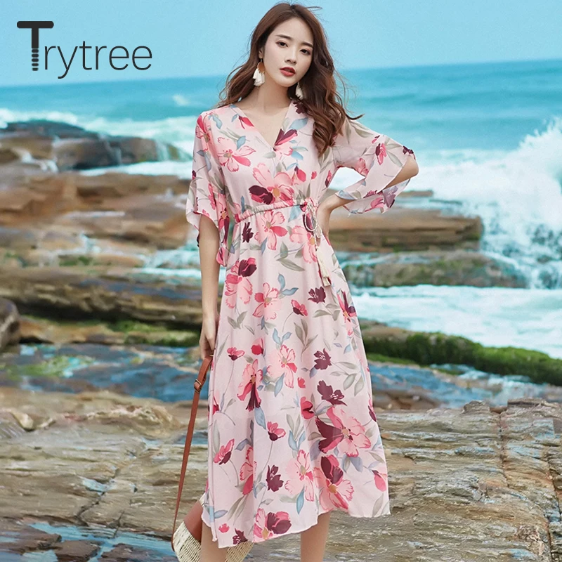 Trytree/2019 летнее осеннее Повседневное платье с принтом полиэстер рукав бабочка