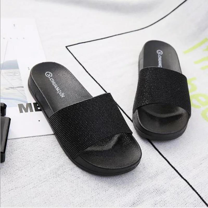 Summer women's slippers fashion crystal solid color flat EVA material thick bottom bathroom outdoor beach flip-flops | Обувь