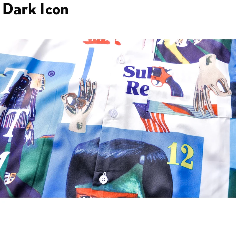 Dark Icon Vintage Street Shirt Men 2019 Summer Turn-down Collar Retro Hip Hop Shirt Front Short Back Long Men's Shirt Male Top