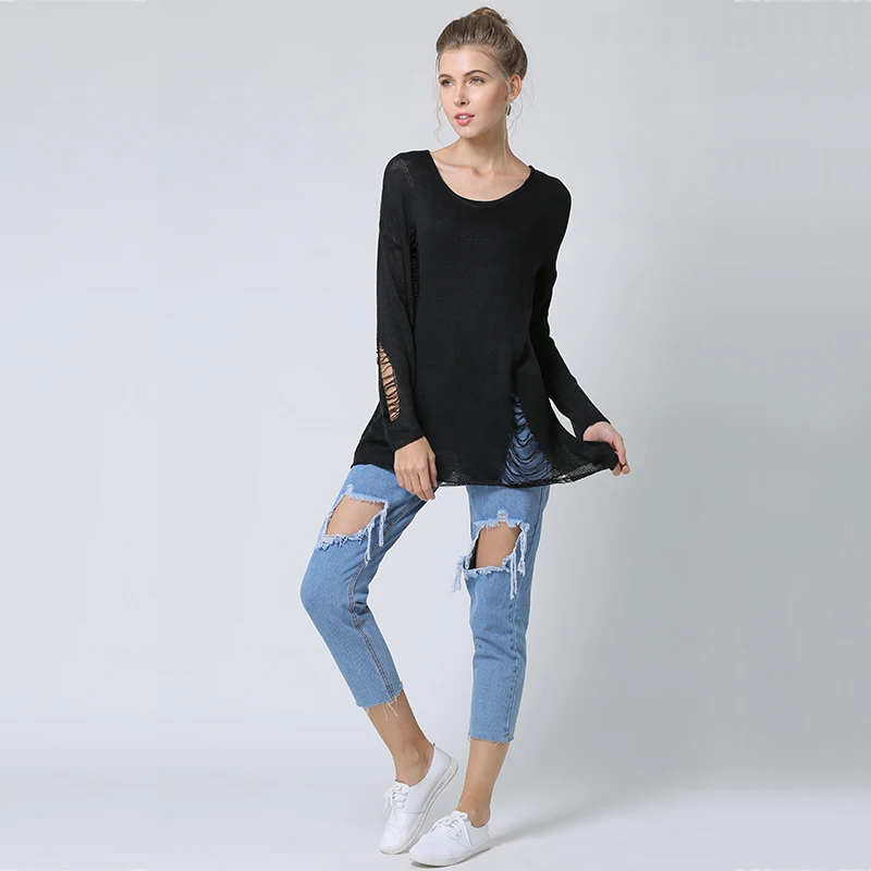 Chictorso Long Sleeve Ripped Jumpers Sexy Women Sweater Pullovers Spring Cut Out Knitted Casual Summer Sweaters Black 2018 New | Женская