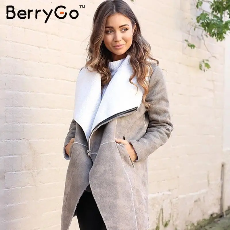 BerryGo замшевое пальто из овечьей шерсти для женщин 2018 осень зима теплое длинное на
