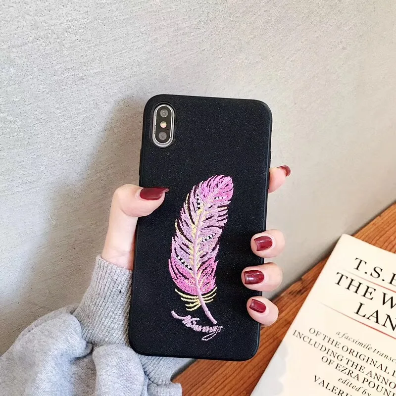 Embroidery Feather Matte Case for iphone7/8plus Phone Cover iphone 6s case xs max Girls Funda para Back |
