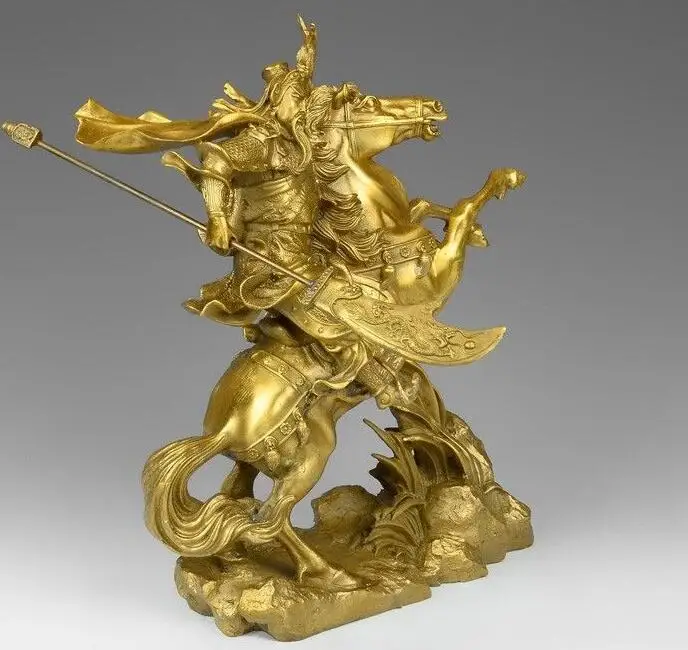 6710540 + Китай Латунь Медь Dragon Sword Гуань Юй Гун Бог Будда Конная прогулка Статуя |