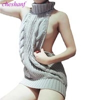 2021 summer new turtleneck sleeveless long virgin killer sweater japanes knitted sexy backless women sweaters and pullovers