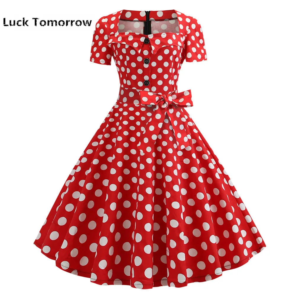 Женское ретро-платье в горошек элегантное винтажное платье с квадратным вырезом