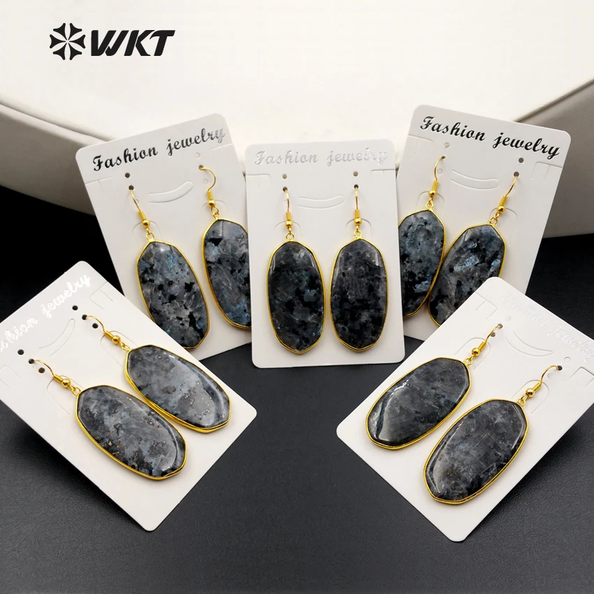 WT-E349 Wholesale natural black labradorite stone earrings with 24K gold trim fashion rhombus jewelry for women | Украшения и