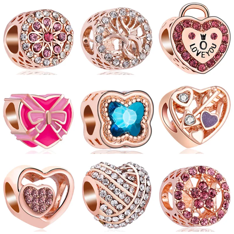 Hot Fashion Hollow Rose Flower Bow Tree Crystal Heart Charms Beads Fit Pandora Bracelets &amp Bangles for Women Gifts Bijoux Perles |