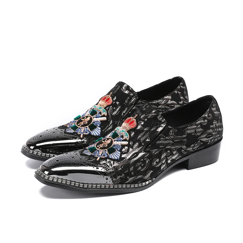 British Style Genuine Leather Men Shoes Slip On Mens Black Brand Dress Loafers Metal Pointed Toe Printed Moccasins | Обувь