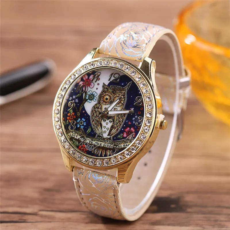 Fashion Top Brand Luxury Diamond Wrist Watches Women Leather Quartz Owl Clock Dress Female Orologi Donna Hot Sale #1 | Наручные часы