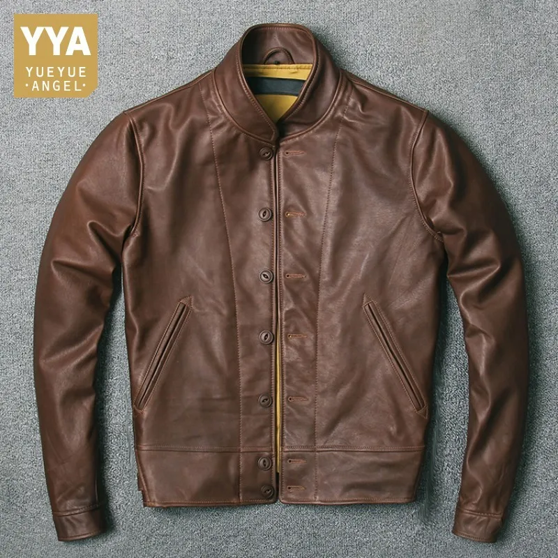 Kopen Mannen Echt Lederen Jas Vintage Slim Fit Koeienhuid Kantoor Moto & Biker Jas Herfst Real Runway Enkele Breasted Leeroverjas