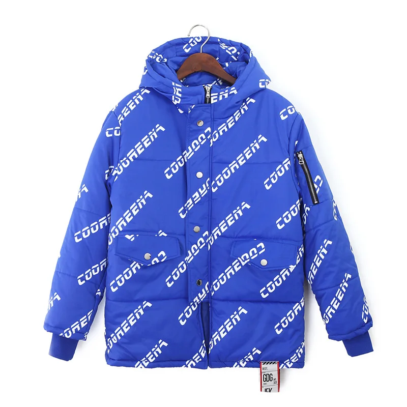 Winter Women New Blue Thick Warm Hooded Parkas Female Fashion Harajuku Letter Print Jacket Loose Plus Size Long Sleeve Coat Z998 | Женская