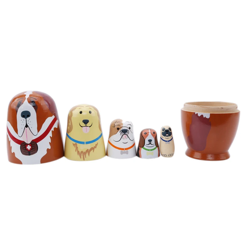 5Pcs/Set Cartoon Dog Wooden Russian Nesting Dolls Matryoshka Doll DIY Handmade Crafts Ornament Birthday Gifts for Kids | Игрушки и хобби