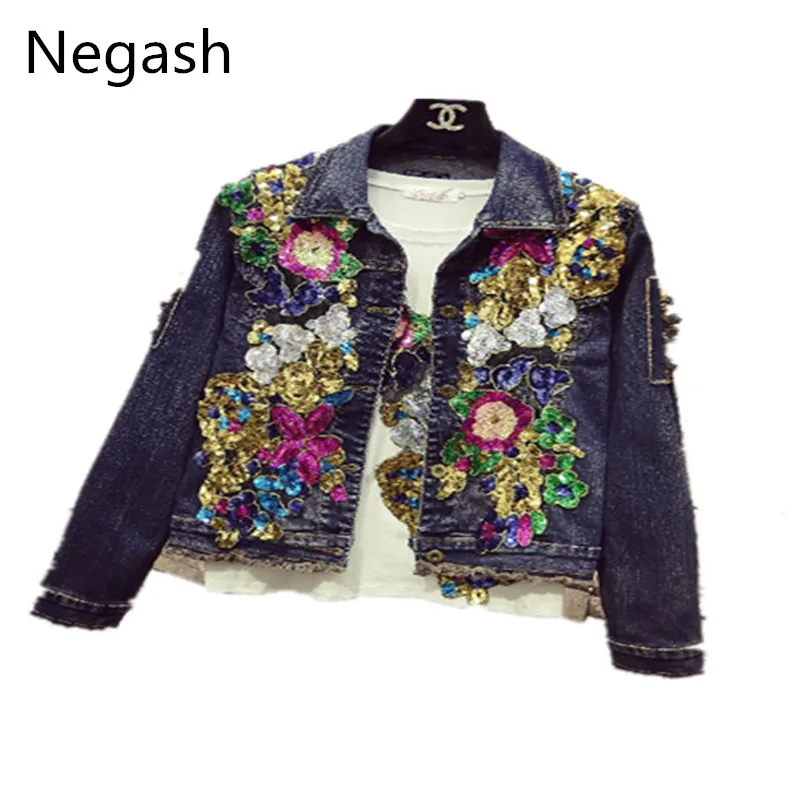 Женская джинсовая куртка с блестками Negash длинная в стиле панк укороченный топ