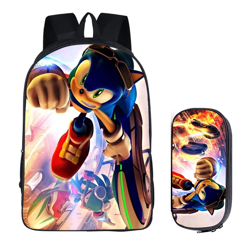2Pcs Sonic 007 16 дюймов сумка-рюкзак для девочек-подростков; для мальчиков и девочек Книга сумка Детская сумка школьные рюкзаки карандаш комплекты с сумкой - Цвет: 2Pcs Sonic 007