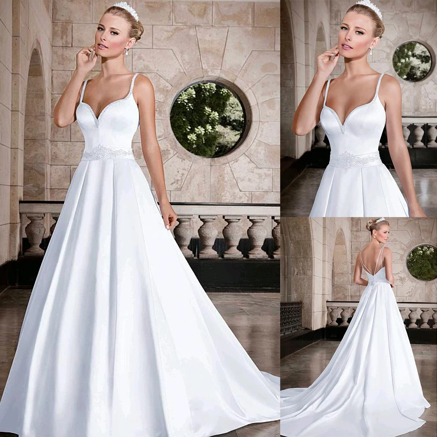 

Женское свадебное платье трапециевидной формы на бретельках с открытой спиной