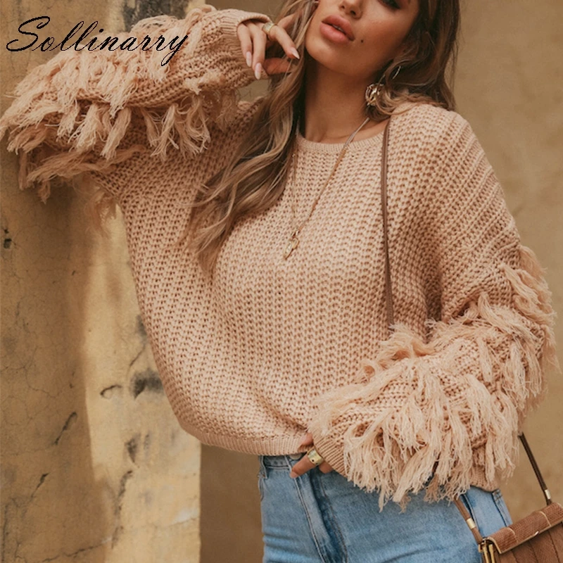 Sollinarry Light Pink Knit Sweater Women Solid Long Sleeve Tassel O Neck Pullover Casual Short Jumper Green | Женская одежда