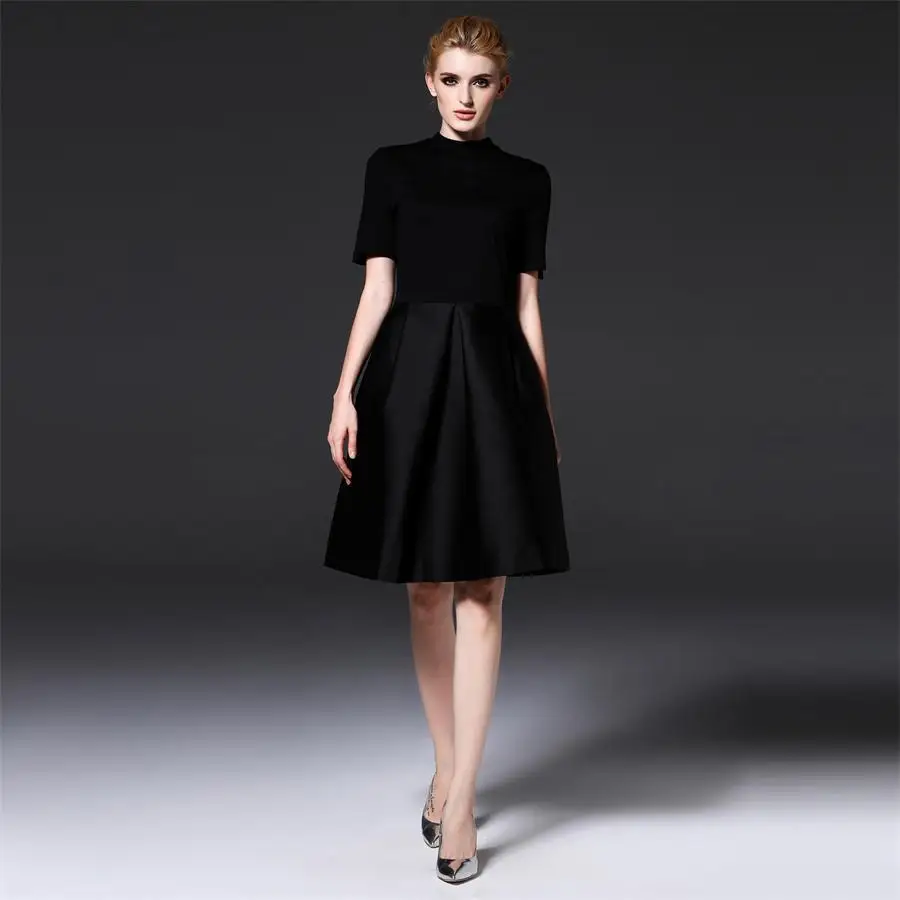 Autumn Style Elegant Party Dress High Quality Brand Women Black Short Sleeve O-neck A-line Slim Runway Dresses | Женская одежда