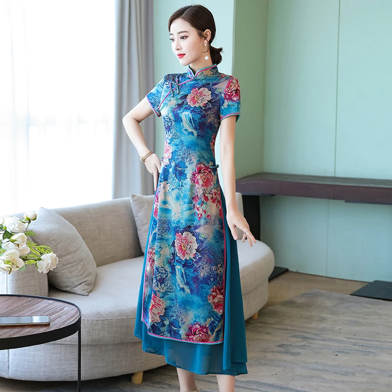 Летнее женское платье с цветочным принтом Ao Dai Cheongsam размера плюс S-4XL |