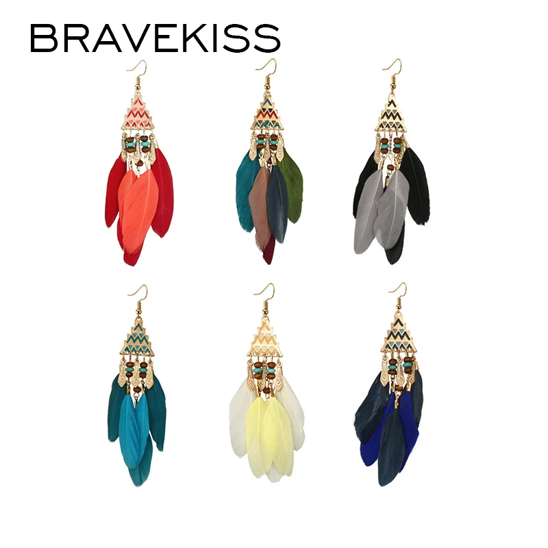 Женские Висячие серьги BRAVEKISS длинные геометрические висячие с перьями в богемном