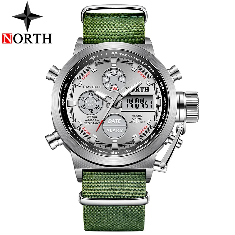 NL Green White NORTH спортивные часы мужские военные кварцевые часы для мужчин аналоговые светодиодные цифровые кожаные нейлоновые мужские часы повседневные водонепроницаемые наручные часы - Цвет: NL Green White