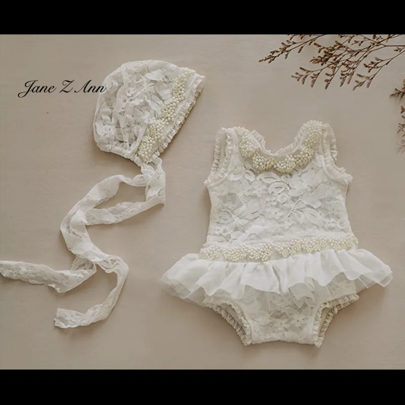 Jane Z Ann/реквизит для фотосессии новорожденных; детское белое кружевное платье принцессы с жемчужинами+ шапочка; комплект из 2 предметов; элегантная студийная одежда для съемки