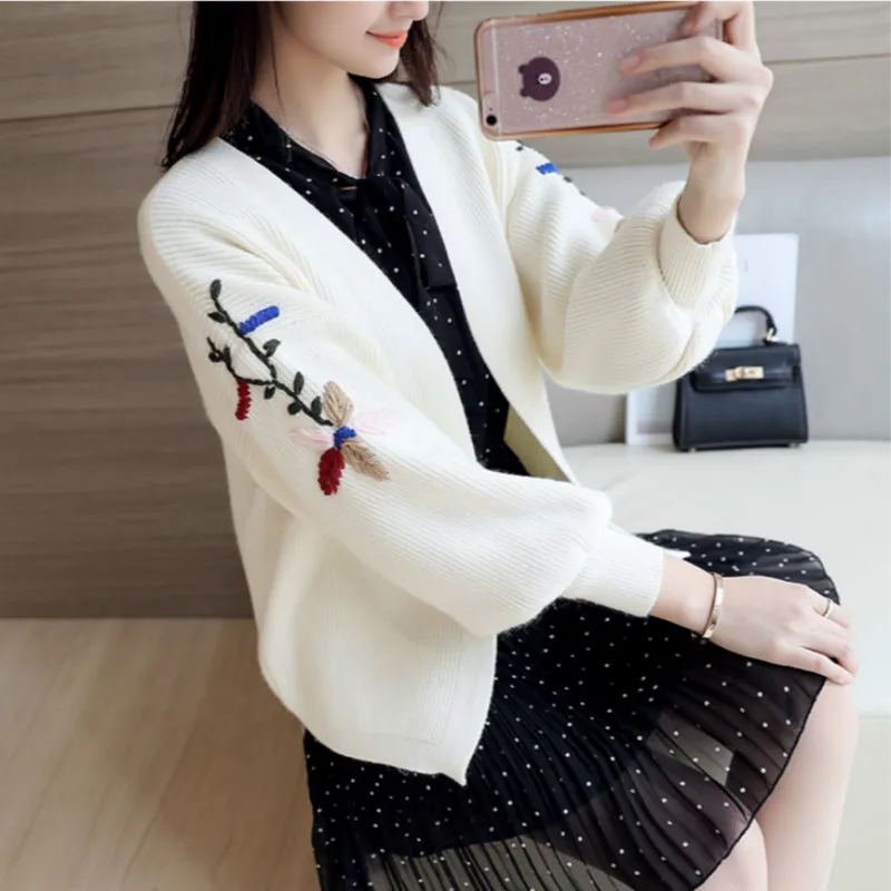

Женский свитер с вышивкой, короткий Свободный вязаный кардиган с рукавами-фонариками, верхняя одежда в Корейском стиле, весна-осень 2019